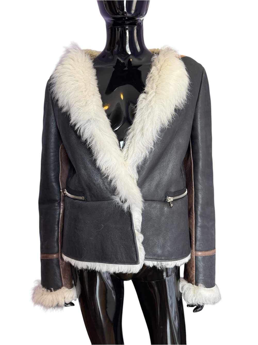 3.1 Philip Lim Black Shearling  Leather Jacket with white shearling